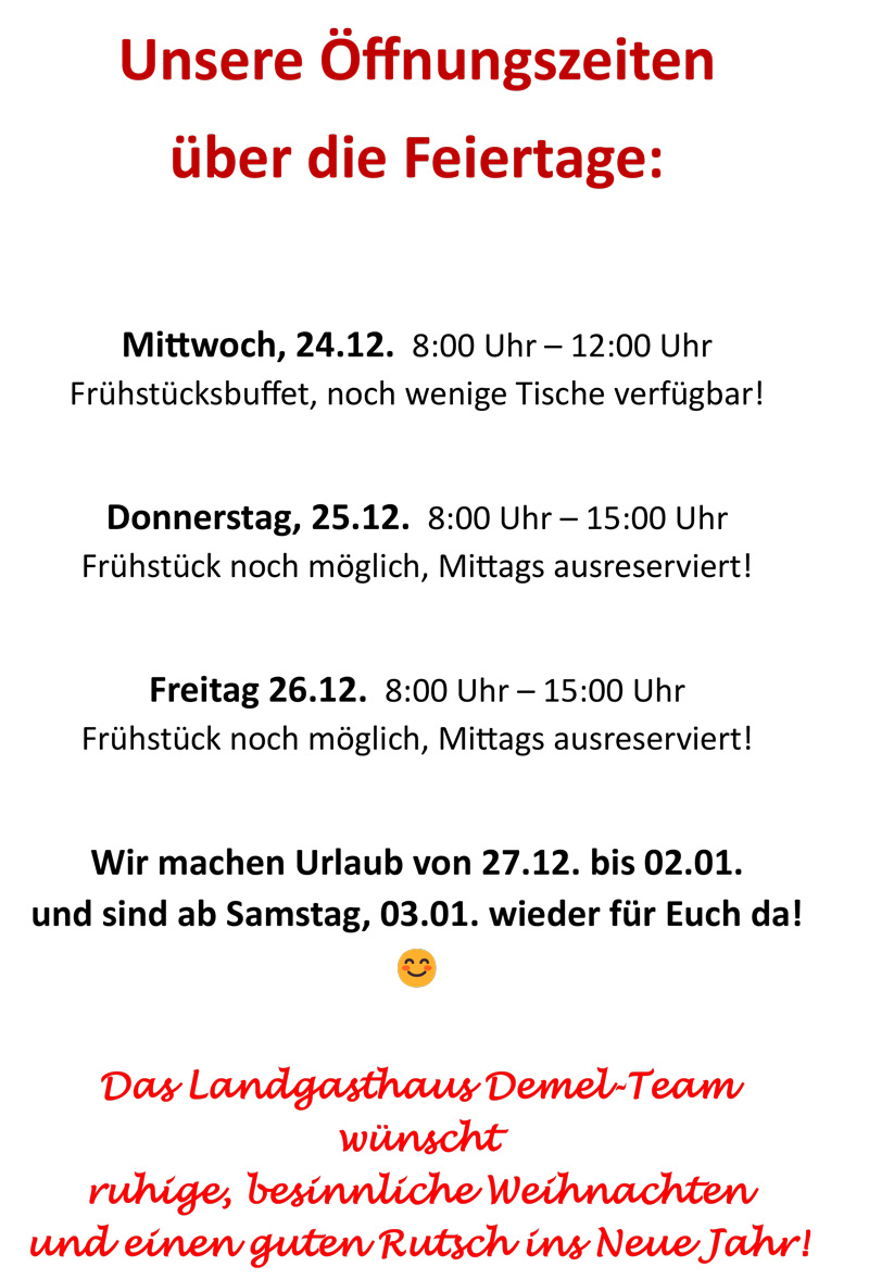 Weihnachtsöffnungszeiten